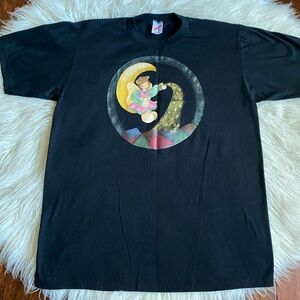 90’s Vintage Starry Slumber Painted Motif T-shirt, Color Black, Size L.